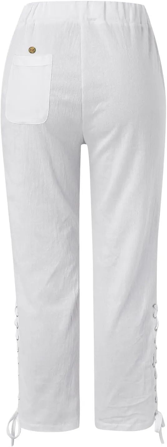 Womens Cotton Linen Summer Striped Pants High Waist Bootcut Slim Fit Trousers Trendy