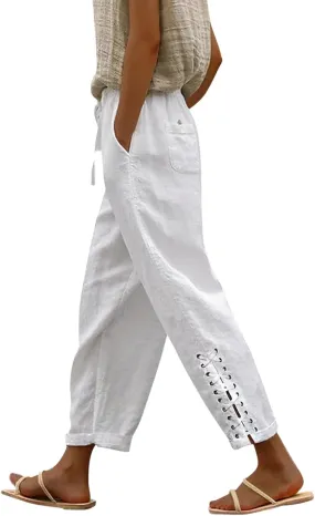 Womens Cotton Linen Summer Striped Pants High Waist Bootcut Slim Fit Trousers Trendy