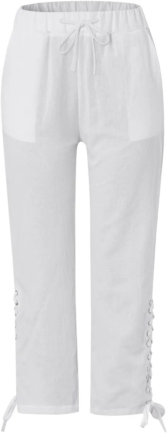 Womens Cotton Linen Summer Striped Pants High Waist Bootcut Slim Fit Trousers Trendy