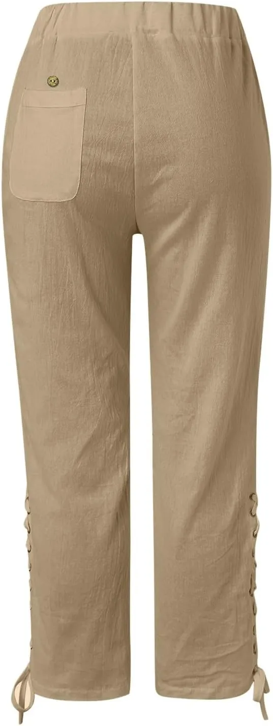 Womens Cotton Linen Summer Striped Pants High Waist Bootcut Slim Fit Trousers Trendy