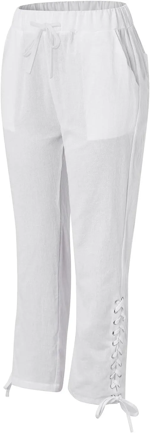 Womens Cotton Linen Summer Striped Pants High Waist Bootcut Slim Fit Trousers Trendy