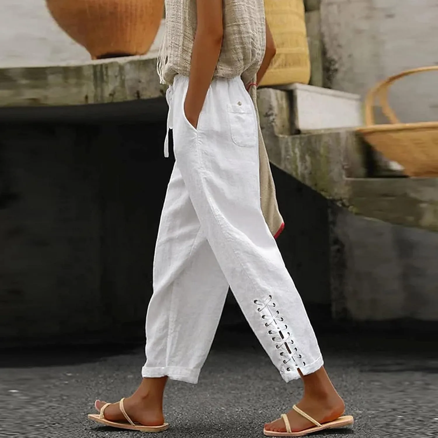 Womens Cotton Linen Summer Striped Pants High Waist Bootcut Slim Fit Trousers Trendy