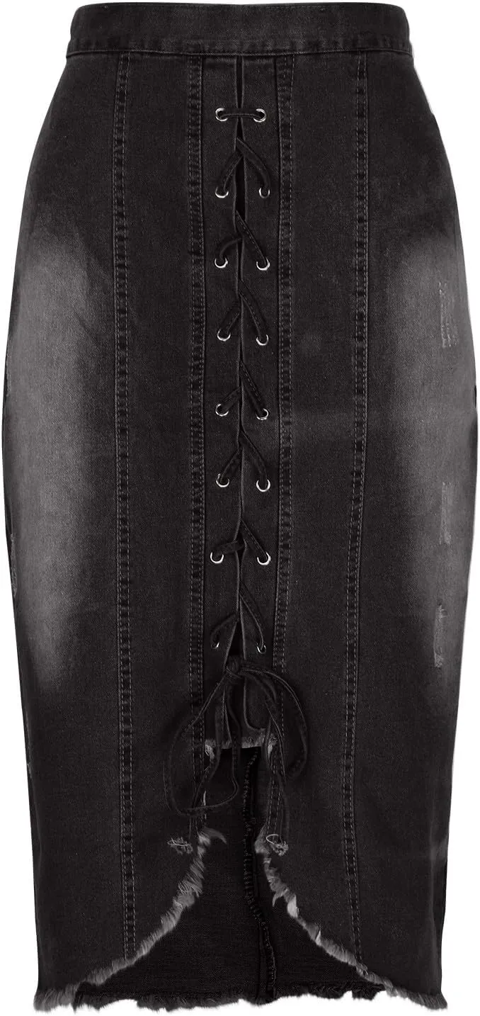 Womens Denim Midi Skirts Fashion Bandage Retro Ripped Hem Bodycon Pencil Skirts 2025 Summer Trendy