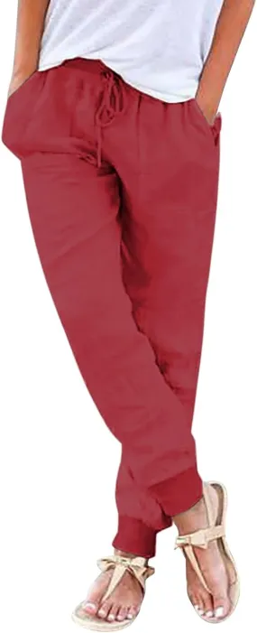 Womens Drawstring Cotton Linen Pants Solid Slim Fit Tapered Pant Soft Elastic Waist Straight Leg Trousers with Pocket