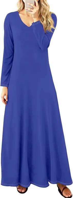 Womens Dresses for Wedding Guest 2025 Summer Long Sleeve V Neck Printed Maxi Dresses Casual Slim Fit Tunic Dress