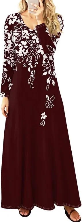 Womens Dresses for Wedding Guest 2025 Summer Long Sleeve V Neck Printed Maxi Dresses Casual Slim Fit Tunic Dress