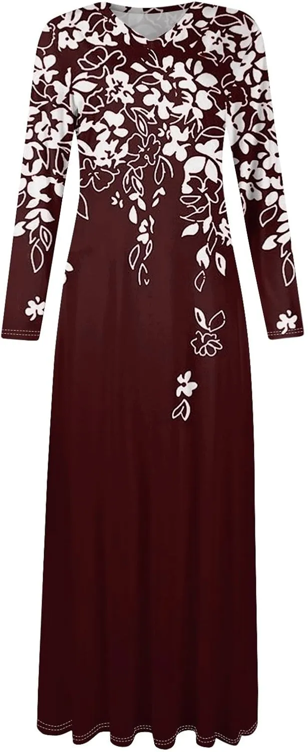 Womens Dresses for Wedding Guest 2025 Summer Long Sleeve V Neck Printed Maxi Dresses Casual Slim Fit Tunic Dress