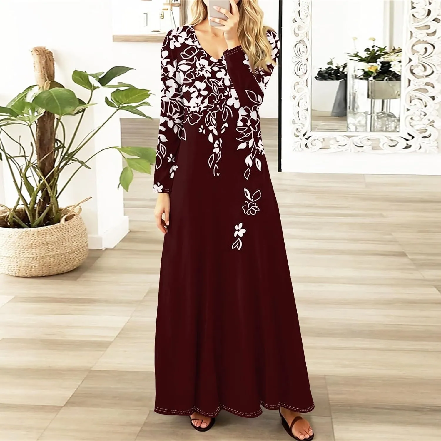 Womens Dresses for Wedding Guest 2025 Summer Long Sleeve V Neck Printed Maxi Dresses Casual Slim Fit Tunic Dress