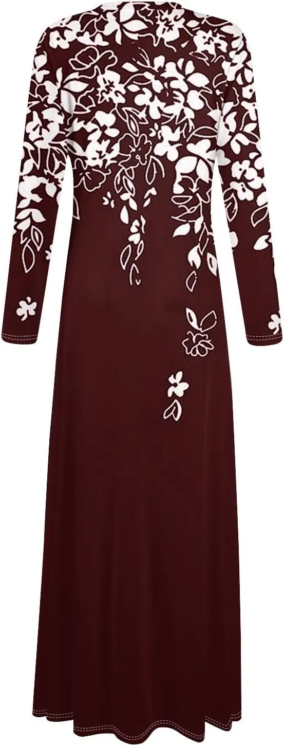 Womens Dresses for Wedding Guest 2025 Summer Long Sleeve V Neck Printed Maxi Dresses Casual Slim Fit Tunic Dress