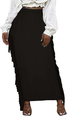 Women's Elastic High Waist Slim Bodycon Side Tassels Long Maxi Pencil Skirts Trendy Fashion Midi Skirt for Ladies