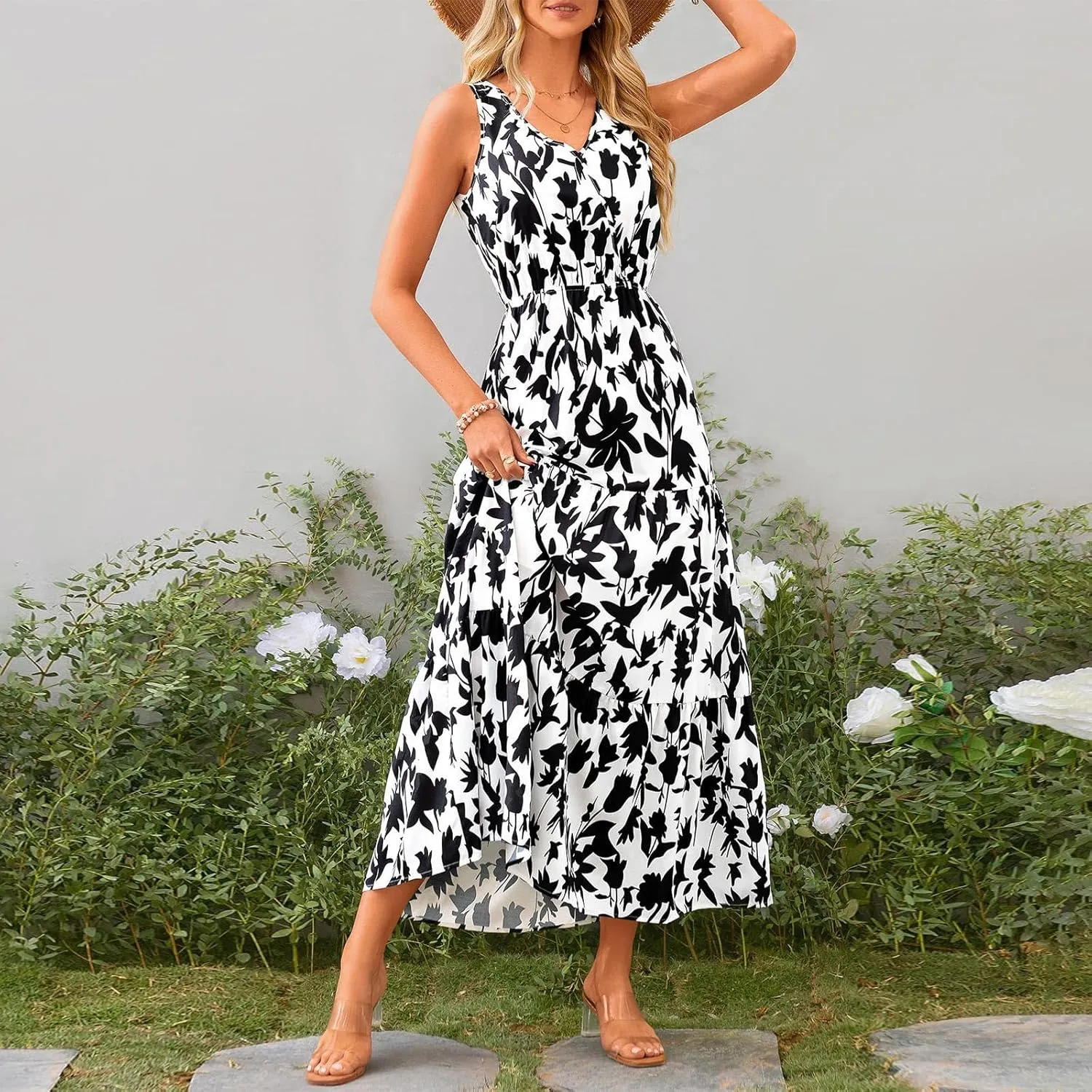 Womens Floral Maxi Dress V Neck Flowy Swing Summer A Line Dress Elastic Waist Sundress Elegant Wedding Guest Dresses