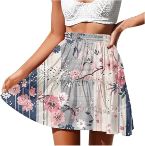 Womens Floral Ruffle Mini Skirts 2025 Summer Skater Short Skirt Elastic Waist Boho Pleated Skirts Trendy Half Dress