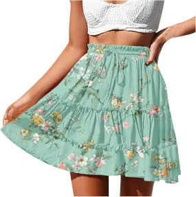 Womens Floral Ruffle Mini Skirts 2025 Summer Skater Short Skirt Elastic Waist Boho Pleated Skirts Trendy Half Dress