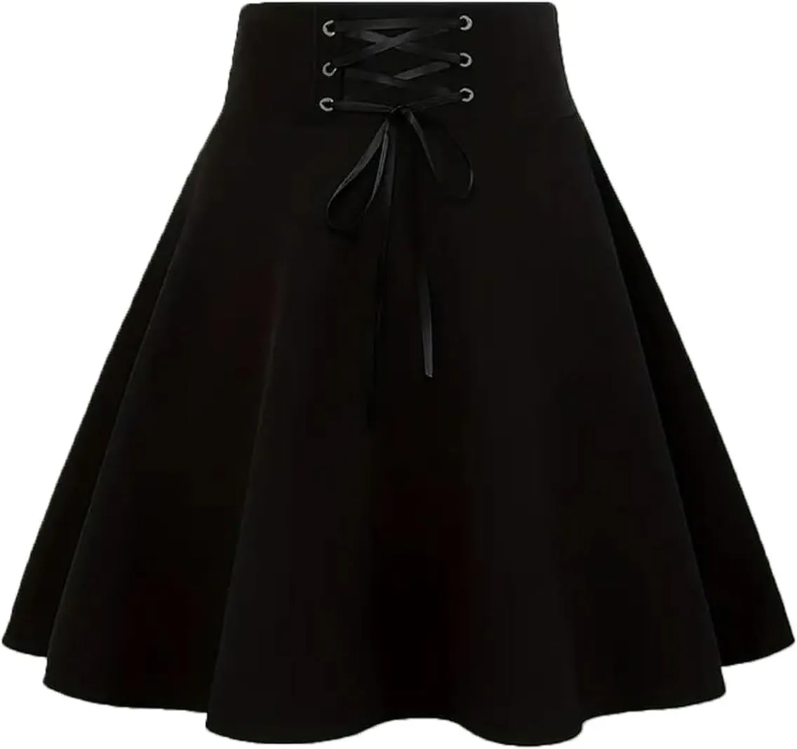 Women's Gothic Punk Plaid Pleated High Waisted Short A Line Flare Mini Skirt Midi Skirts for Teen Girls