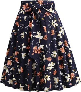 Women's High Waist A-Line Skirts Vintage Floral Print Flared Skirt 1950s Belted Midi Skirt Knee Length Skirts