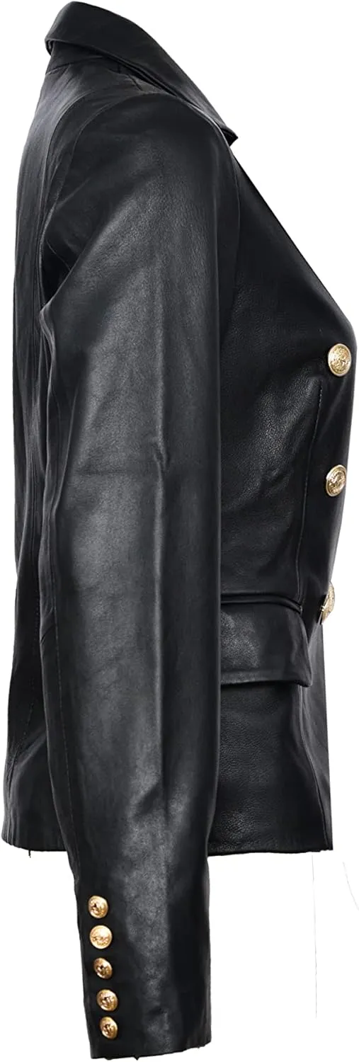 WomenS Kim Kardashian Black Real Leather Blazer Coat Jacket
