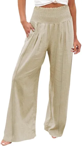 Womens Linen Pants 2025 Summer Wide Leg High Waist Boho Casual Lounge Pant Trousers with Pocket Resort Wear