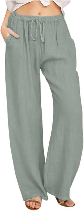 Womens Linen Pants Casual Elastic Waist Loose Summer Beach Pants Drawstring High Waisted Stright Leg Lounge Pants for Women
