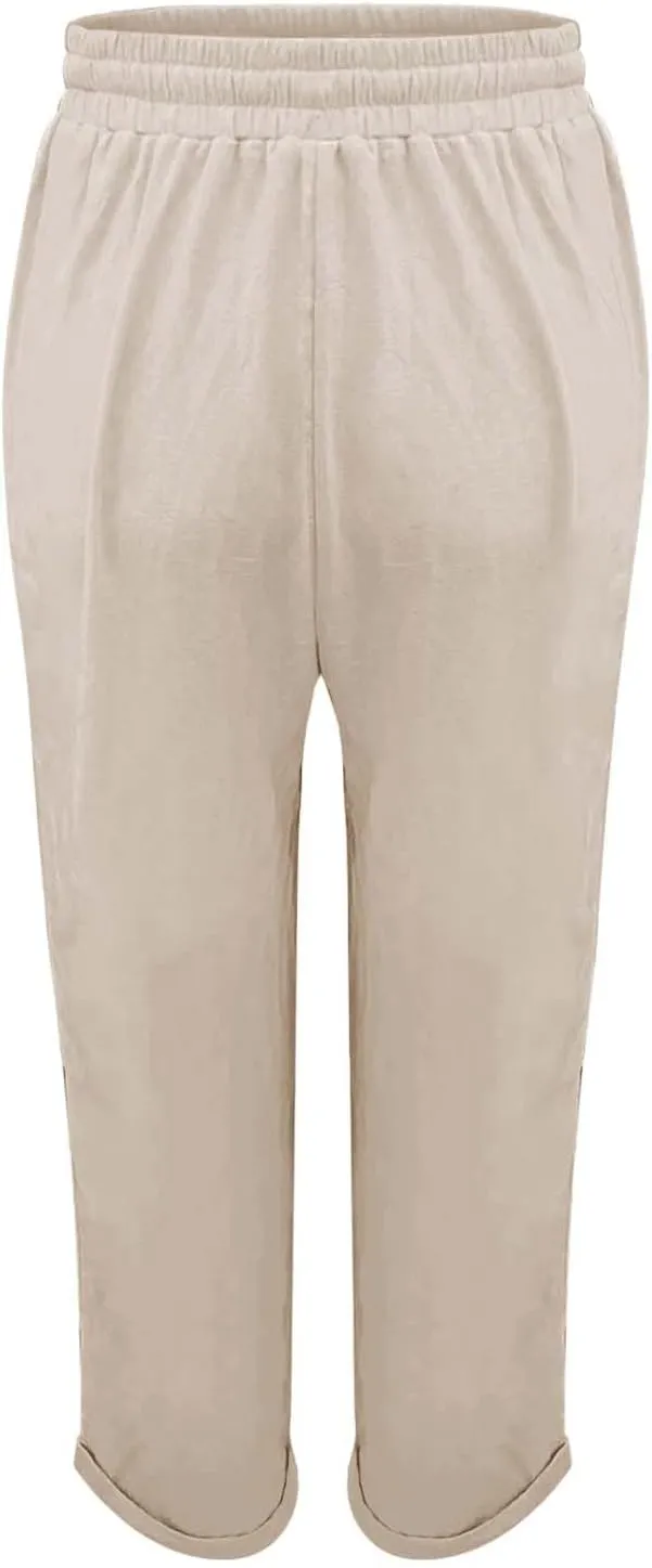 Womens Linen Pants Color Cotton Elastic Long Pants Beach Leisure Trousers Linen Business Work Casual Flowy