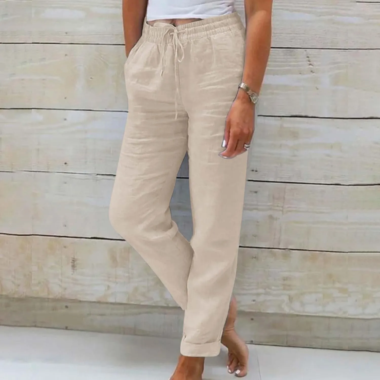 Womens Linen Pants Color Cotton Elastic Long Pants Beach Leisure Trousers Linen Business Work Casual Flowy