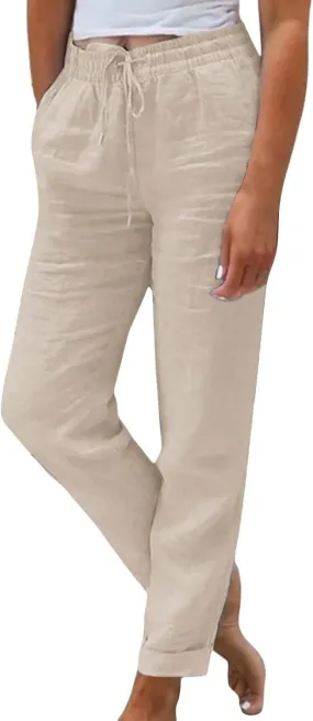 Womens Linen Pants Color Cotton Elastic Long Pants Beach Leisure Trousers Linen Business Work Casual Flowy