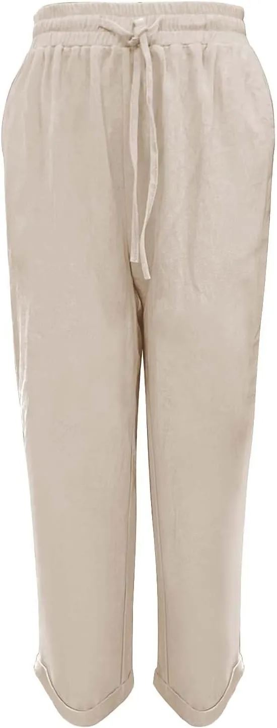 Womens Linen Pants Color Cotton Elastic Long Pants Beach Leisure Trousers Linen Business Work Casual Flowy