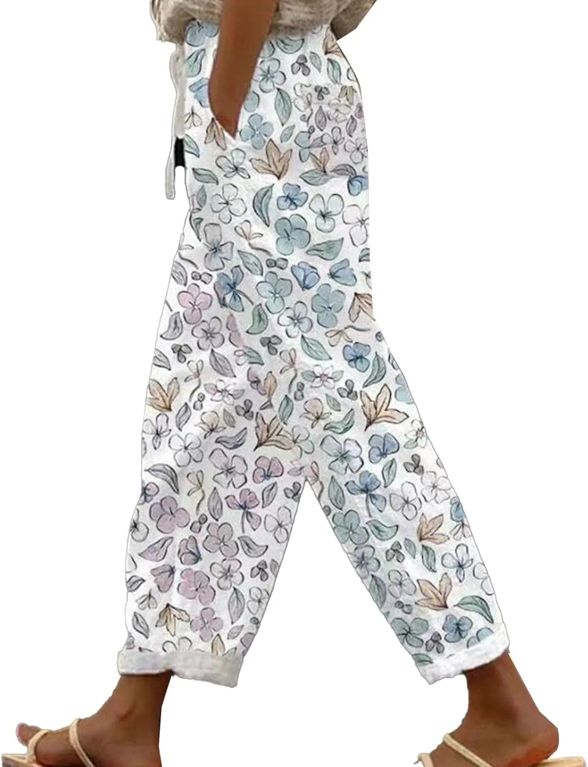 Womens Linen Pants Summer Casual Drawstring Pants Trendy Lounge with Pockets Womens Beach Low Rise Linen