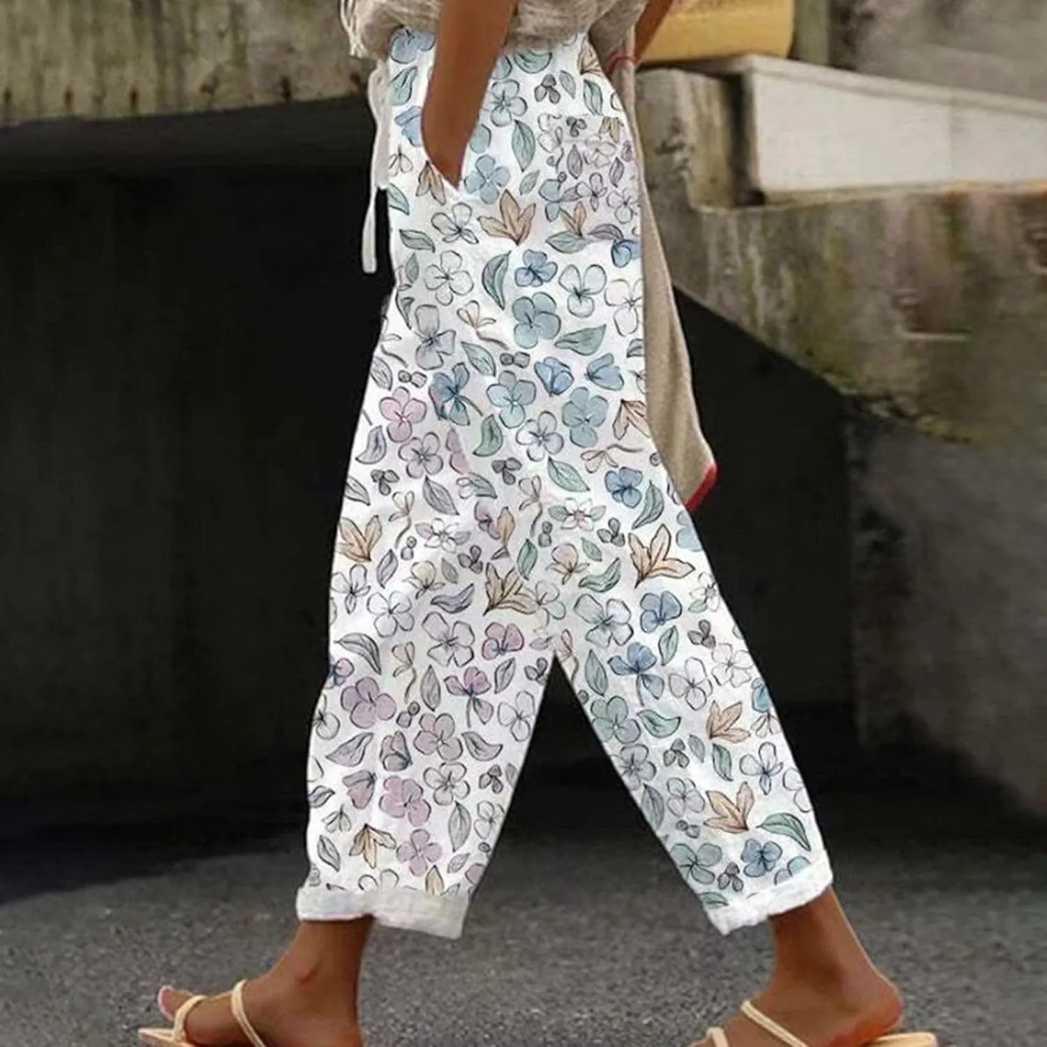Womens Linen Pants Summer Casual Drawstring Pants Trendy Lounge with Pockets Womens Beach Low Rise Linen