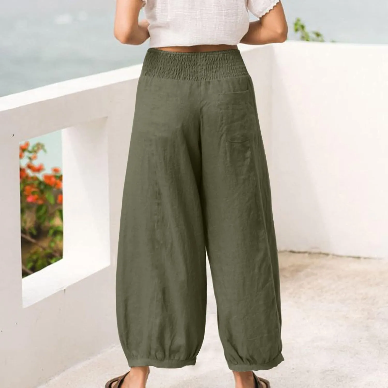 Womens Linen Pants Wide Leg High Waisted Summer Pants Dressy Casual Baggy Palazzo Beach Vacation Trousers with Pockets