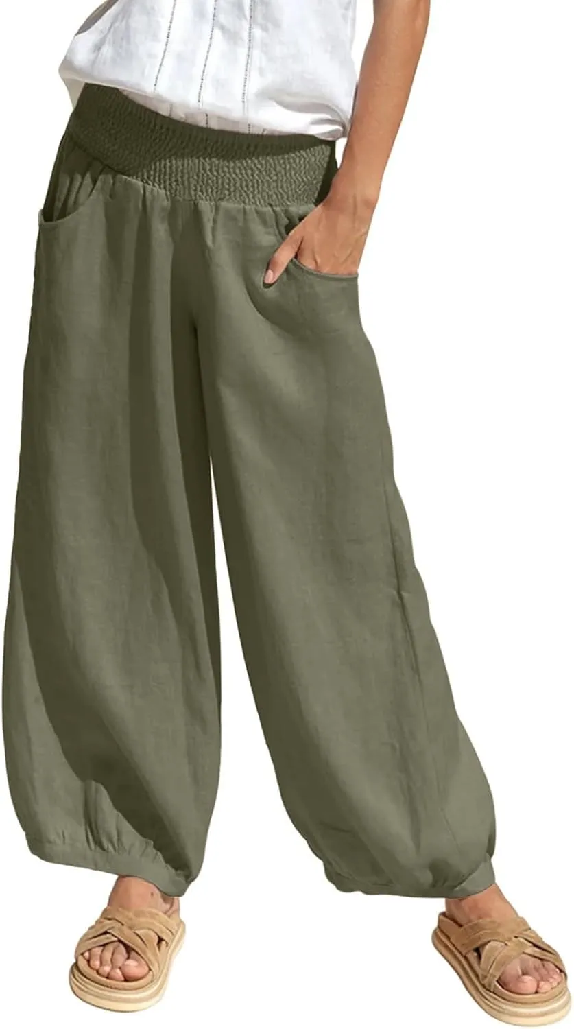 Womens Linen Pants Wide Leg High Waisted Summer Pants Dressy Casual Baggy Palazzo Beach Vacation Trousers with Pockets