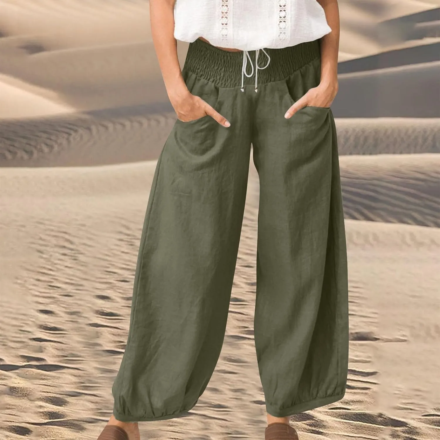 Womens Linen Pants Wide Leg High Waisted Summer Pants Dressy Casual Baggy Palazzo Beach Vacation Trousers with Pockets