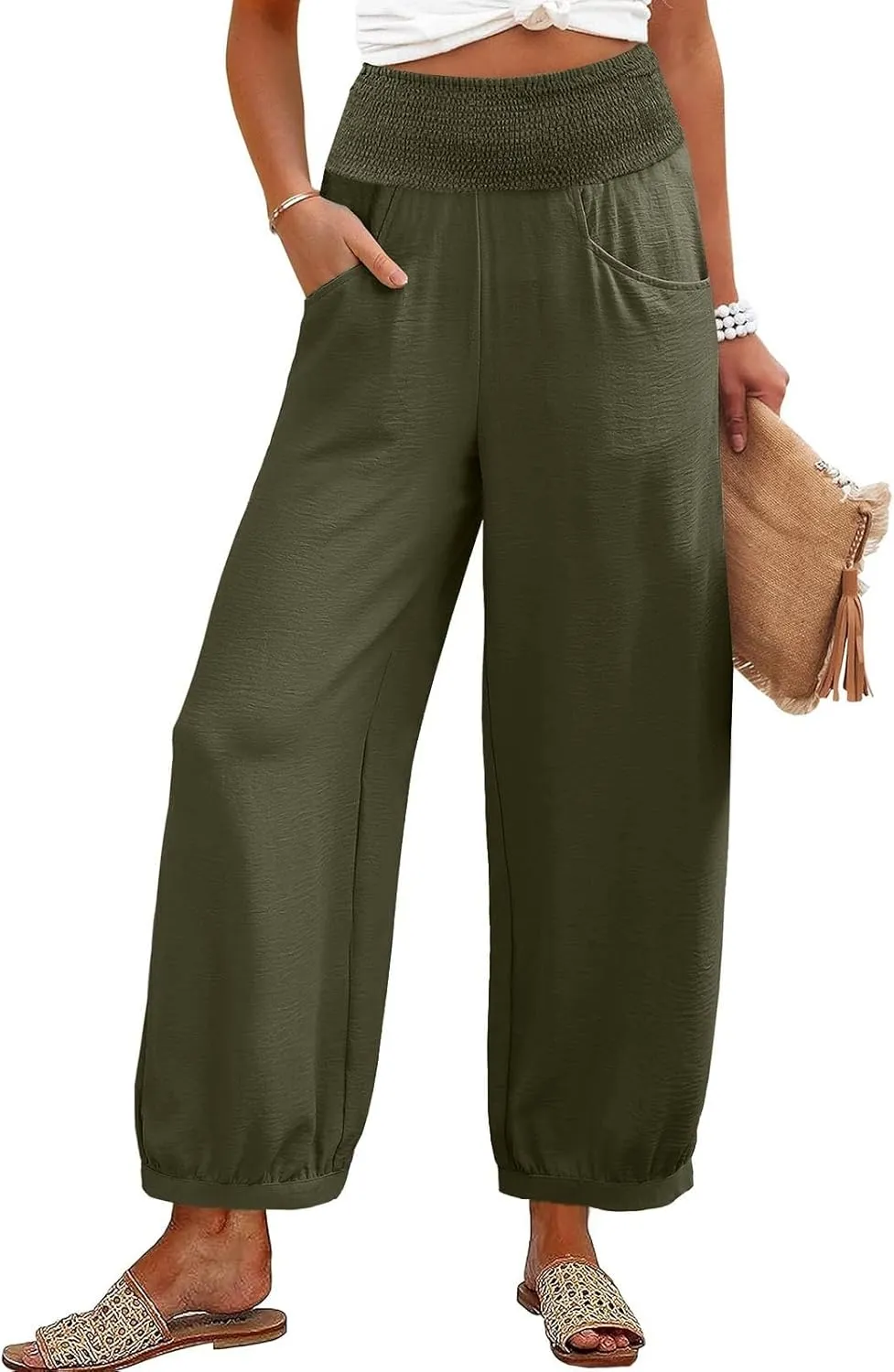 Womens Linen Pants Wide Leg High Waisted Summer Pants Dressy Casual Baggy Palazzo Beach Vacation Trousers with Pockets