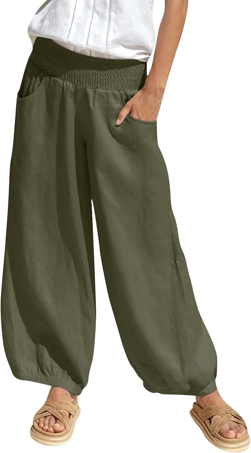 Womens Linen Pants Wide Leg High Waisted Summer Pants Dressy Casual Baggy Palazzo Beach Vacation Trousers with Pockets