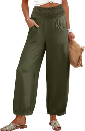 Womens Linen Pants Wide Leg High Waisted Summer Pants Dressy Casual Baggy Palazzo Beach Vacation Trousers with Pockets