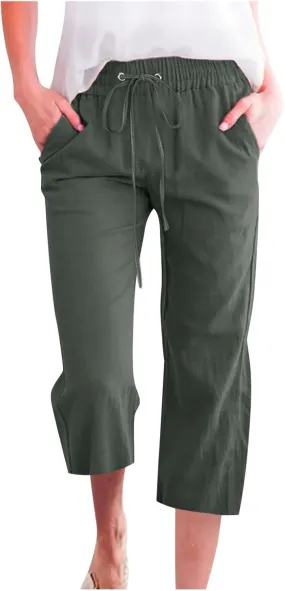 Womens Linen Summer Casual Palazzo Pants Elastic Waisted Baggy Stretchy Loose Fit Trouser Travel