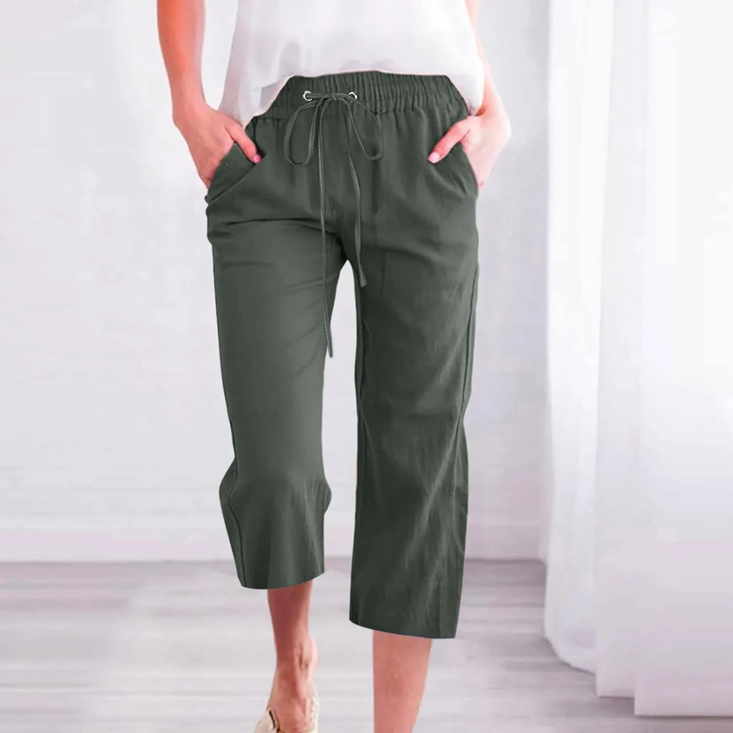 Womens Linen Summer Casual Palazzo Pants Elastic Waisted Baggy Stretchy Loose Fit Trouser Travel