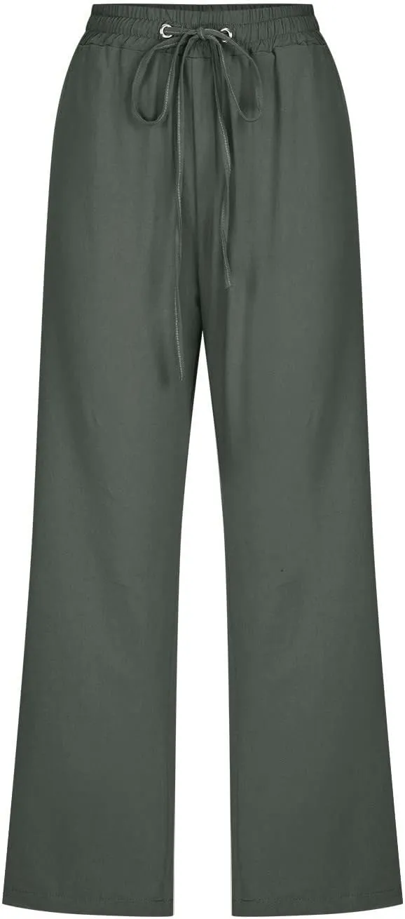 Womens Linen Summer Casual Palazzo Pants Elastic Waisted Baggy Stretchy Loose Fit Trouser Travel