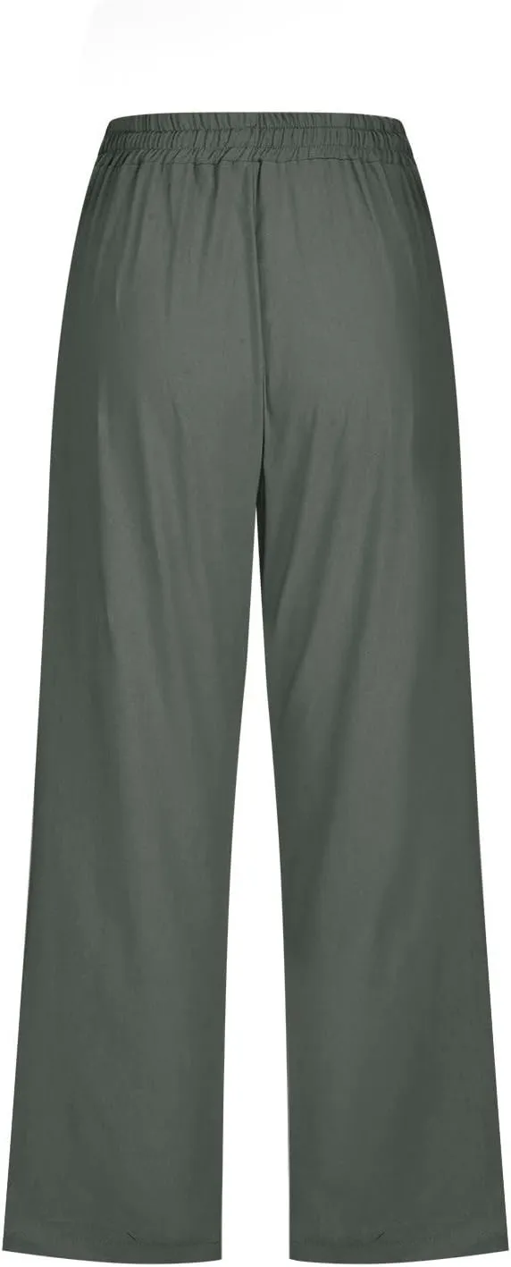 Womens Linen Summer Casual Palazzo Pants Elastic Waisted Baggy Stretchy Loose Fit Trouser Travel