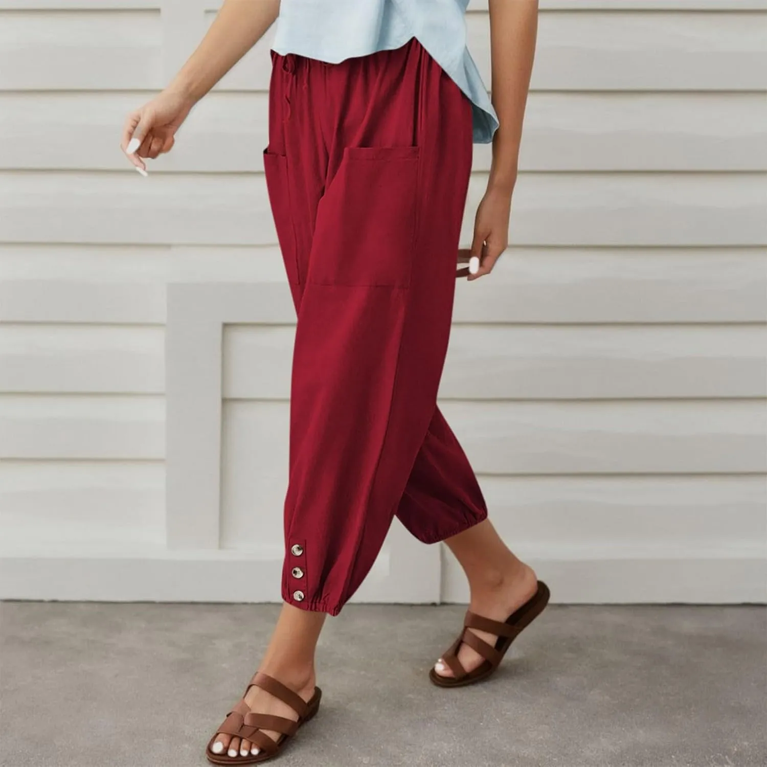 Womens Linen Wide Leg Pants Casual Summer Beach Vacation Harem Pants Drawstring Waist Button Loose Pant with Pockets