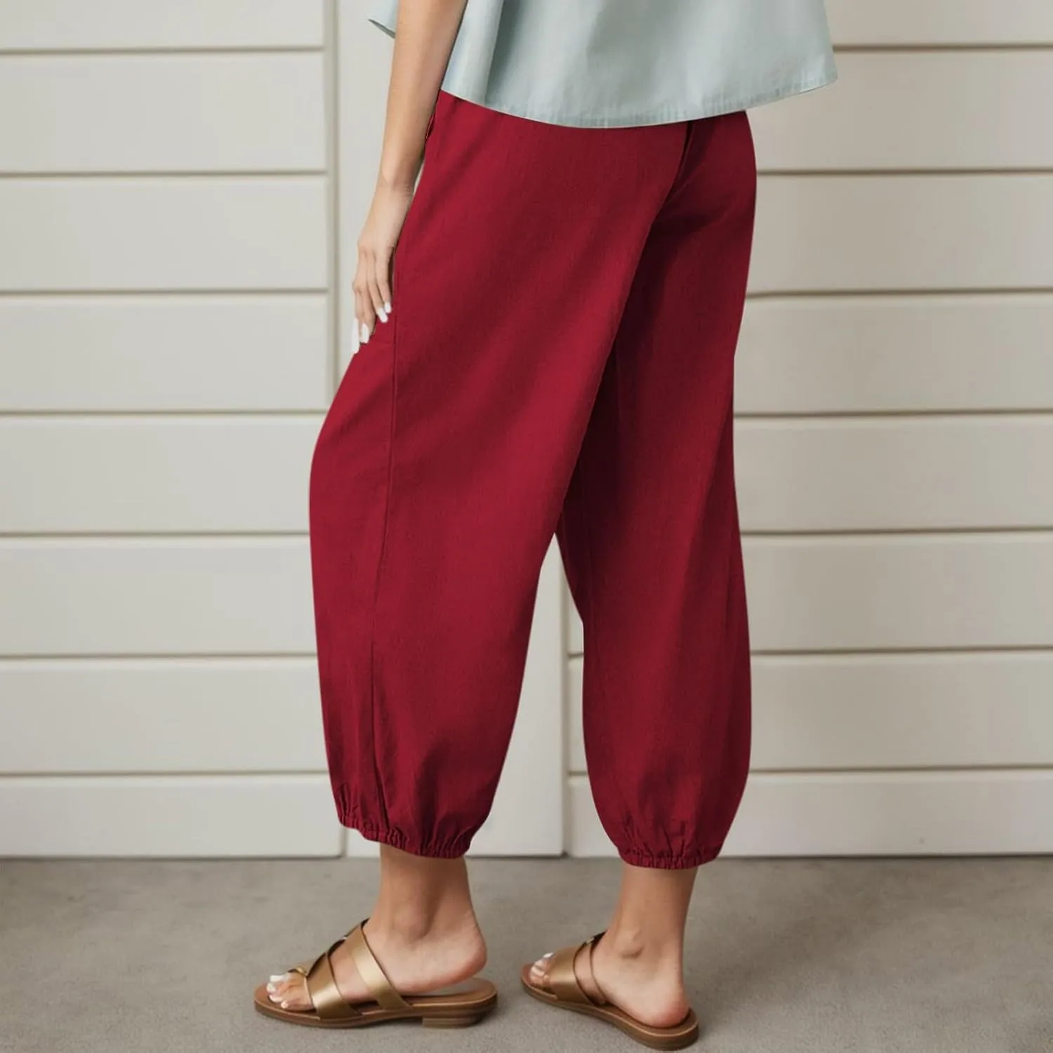 Womens Linen Wide Leg Pants Casual Summer Beach Vacation Harem Pants Drawstring Waist Button Loose Pant with Pockets