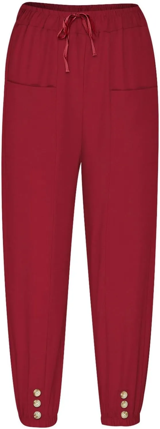 Womens Linen Wide Leg Pants Casual Summer Beach Vacation Harem Pants Drawstring Waist Button Loose Pant with Pockets