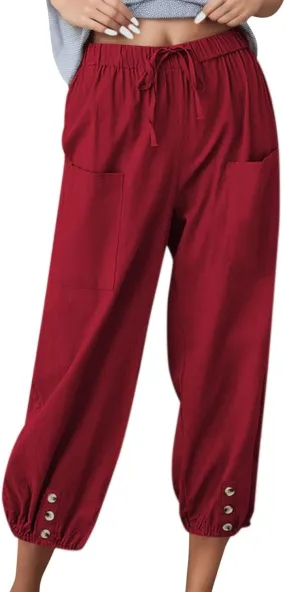Womens Linen Wide Leg Pants Casual Summer Beach Vacation Harem Pants Drawstring Waist Button Loose Pant with Pockets