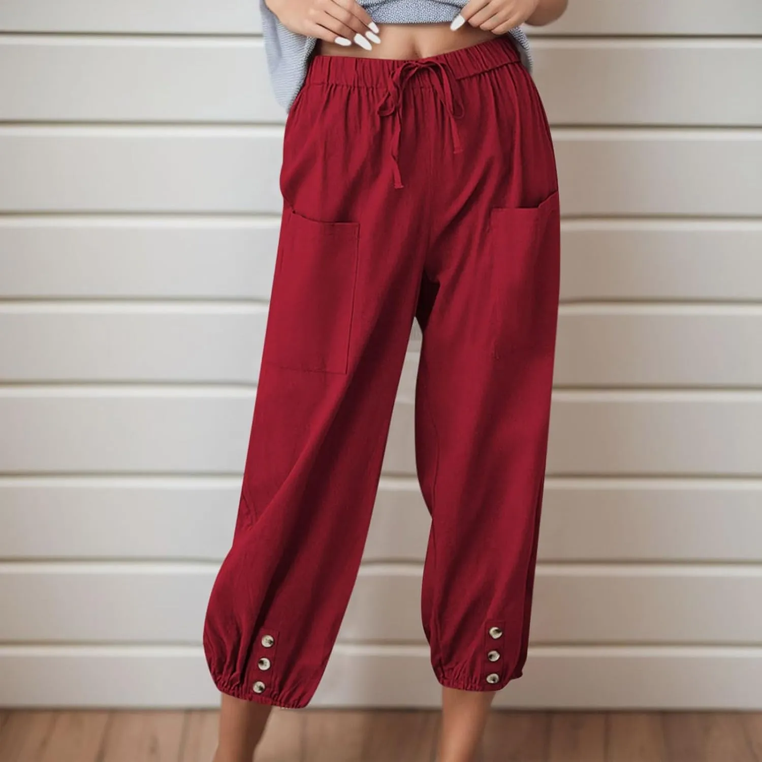 Womens Linen Wide Leg Pants Casual Summer Beach Vacation Harem Pants Drawstring Waist Button Loose Pant with Pockets