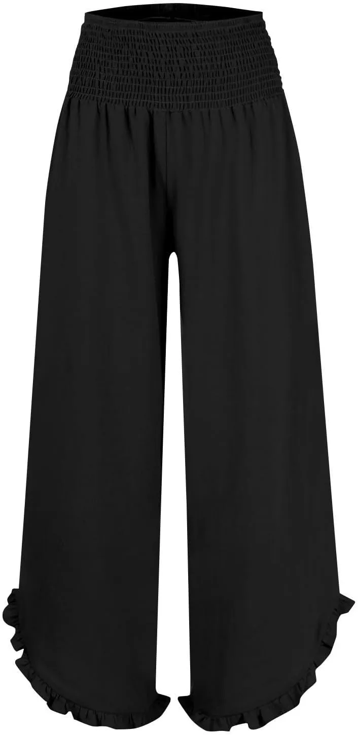 WomenS Linen Wide Leg Pants Flowy Smocked Waist Ruffle Hem Lightweight Summer Beach Vacation Trousers with Pockets
