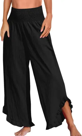 WomenS Linen Wide Leg Pants Flowy Smocked Waist Ruffle Hem Lightweight Summer Beach Vacation Trousers with Pockets