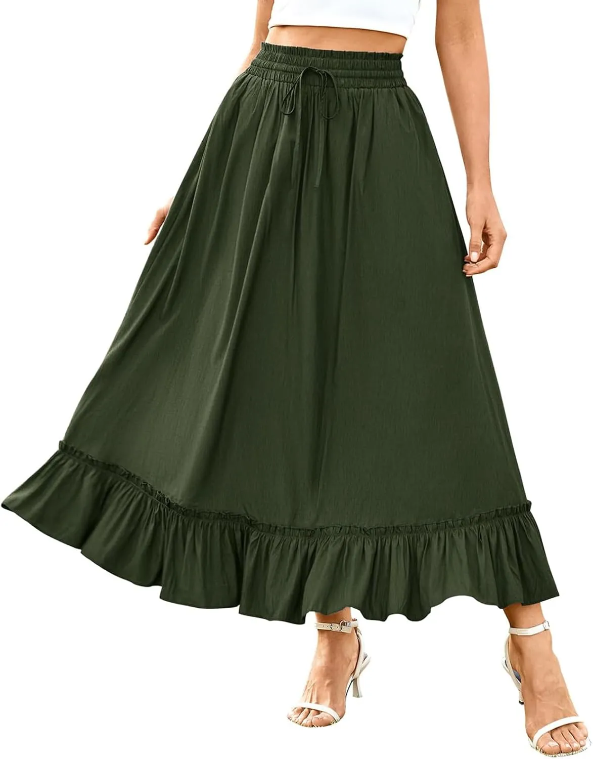 Womens Midi Skirts High Waist Tiered Skirt Summer Boho Flowy Swing Tiered A-Line Maxi Skirt Long Beach Dress