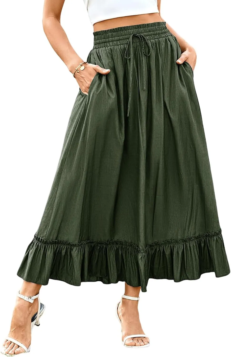 Womens Midi Skirts High Waist Tiered Skirt Summer Boho Flowy Swing Tiered A-Line Maxi Skirt Long Beach Dress