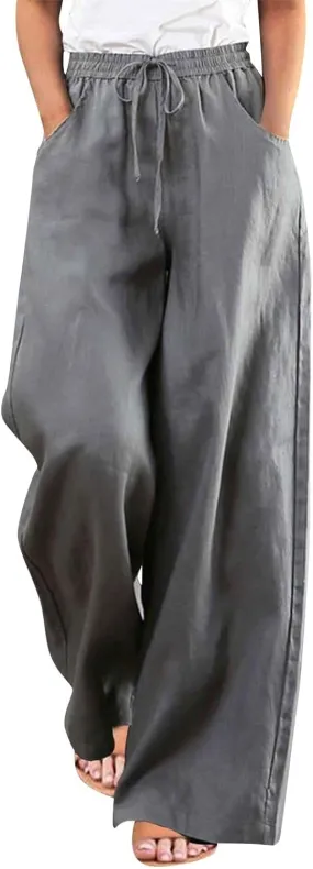 Womens Pants Dressy Casual Elastic Waist Drawstring Pants High Waisted Straight Wide Leg with Pockets Elegant Trousers