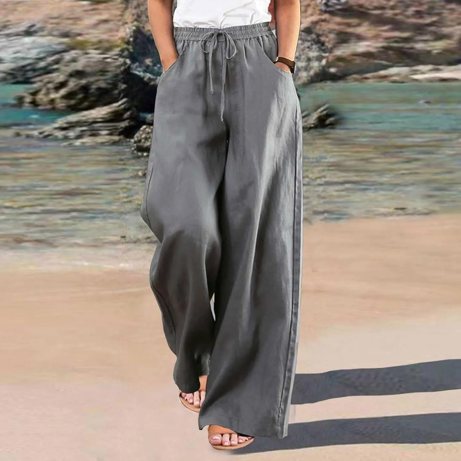 Womens Pants Dressy Casual Elastic Waist Drawstring Pants High Waisted Straight Wide Leg with Pockets Elegant Trousers