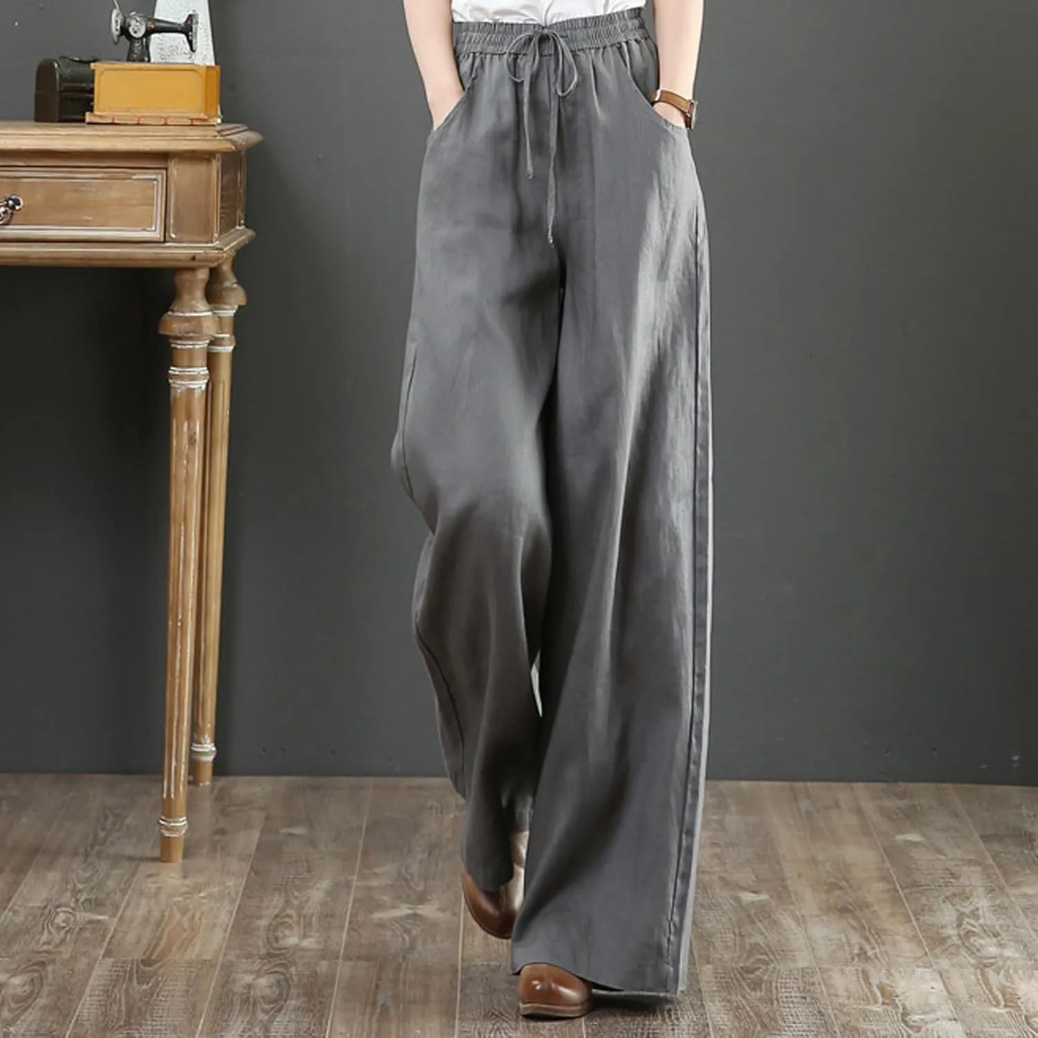Womens Pants Dressy Casual Elastic Waist Drawstring Pants High Waisted Straight Wide Leg with Pockets Elegant Trousers